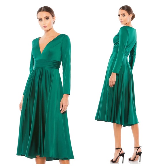 Mac Duggal Dresses & Skirts - NEW Mac Duggal Plunge Neck Satin A Line Midi Dress Emerald Green 67527